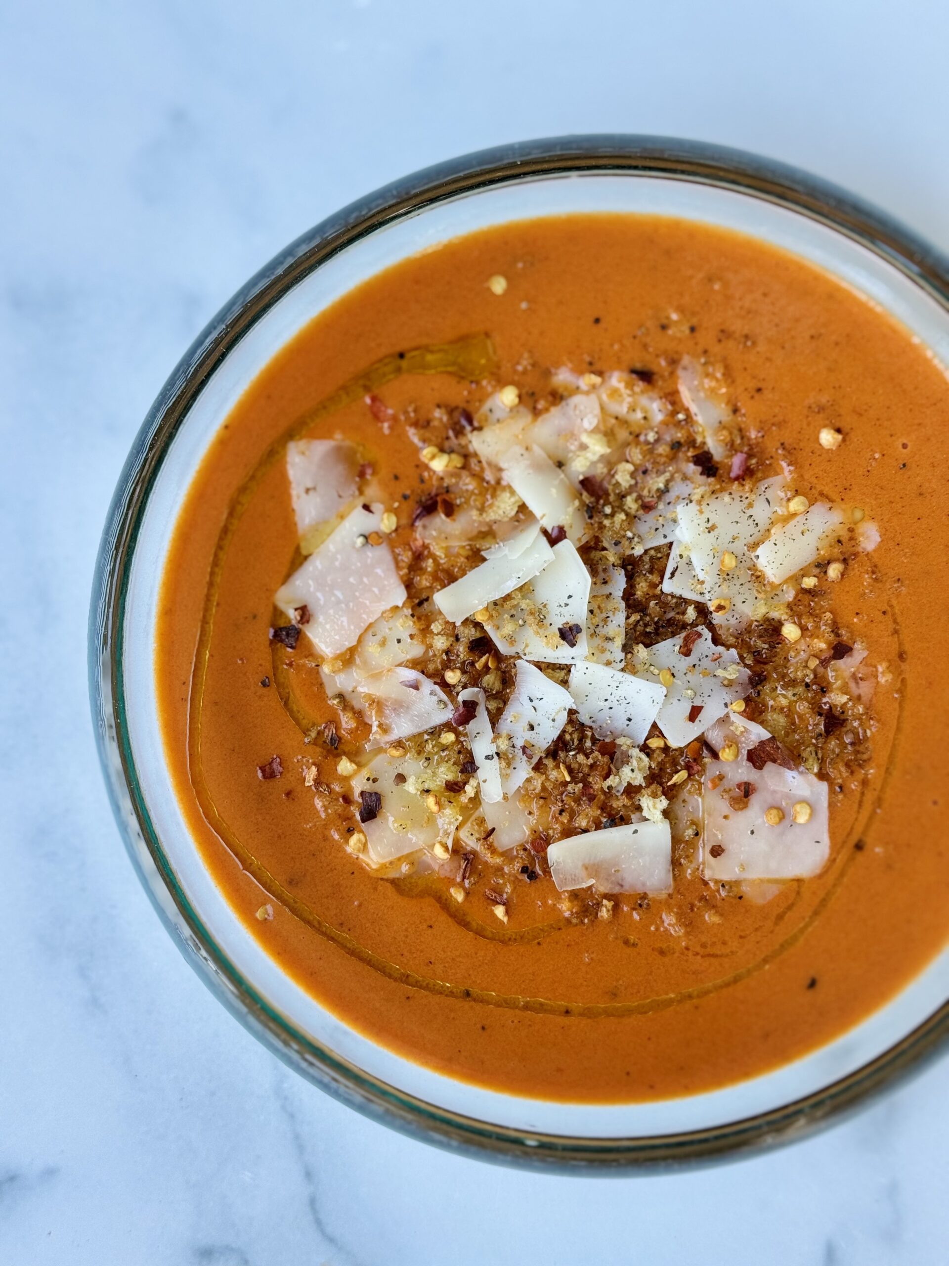 Roasted Red Pepper Bisque with Shaved Asiago & Crispy Garlic Panko